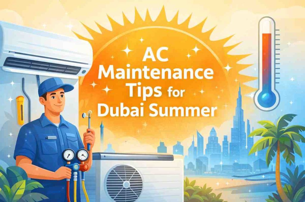 AC maintenance tips for Dubai summer with professional technician inspecting air conditioner unit