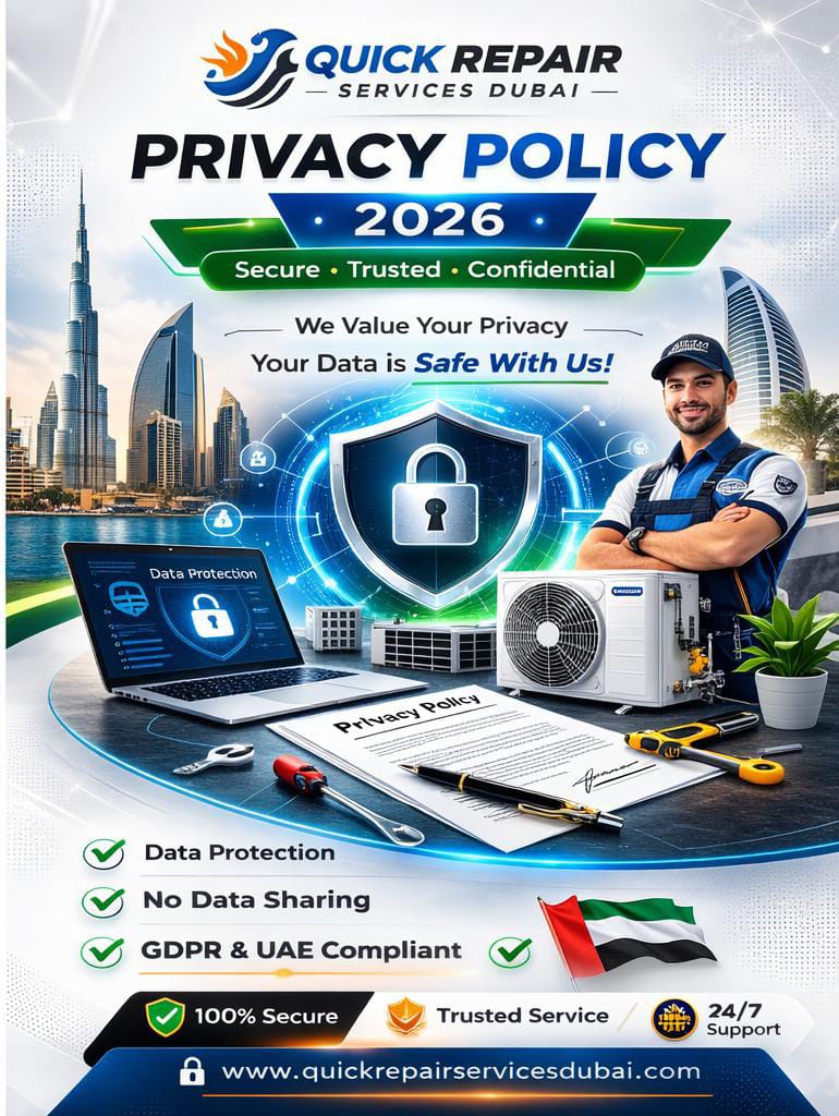 AC repair services Dubai privacy policy 2026 by Quick Repair Services with technician, data protection and UAE compliance