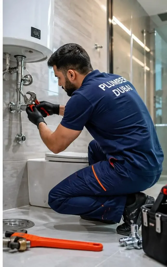 emergency plumber dubai fixing kitchen sink pipe leak with tools