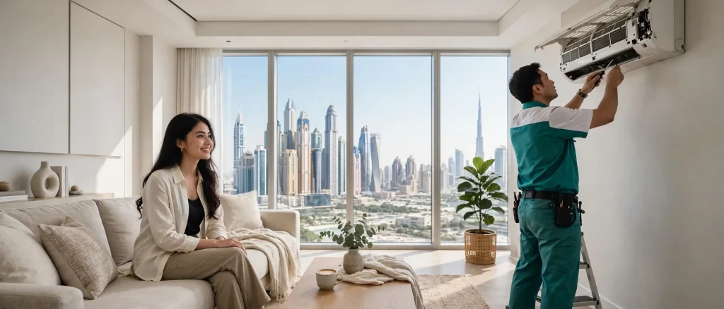 technician servicing a split air conditioner in a Dubai apartment