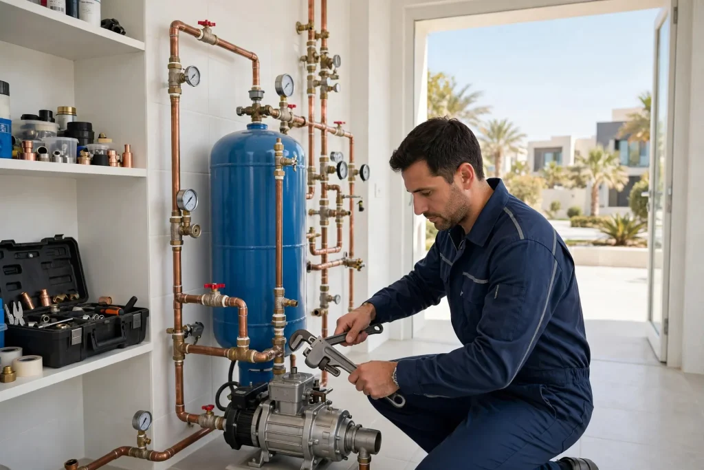 Technician repairing a water booster pump in a Dubai villa — signs your water pump is failing