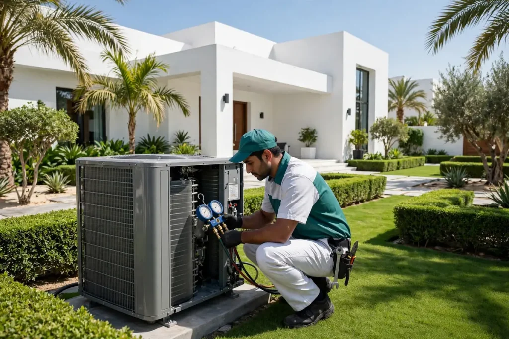 Technician repairing an outdoor AC unit in a Dubai villa garden