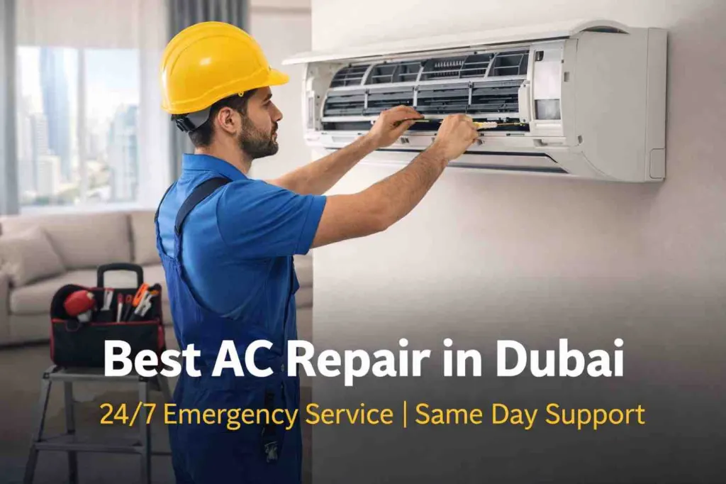 Best AC repair in Dubai: AC technician servicing an air conditioner
